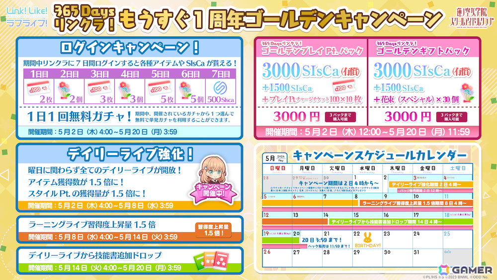 「Link!Like!ラブライブ!」1日1回無料ガチャやログインキャンペーンなどの「365 Daysリンクラ!もうすぐ1周年ゴールデンキャンペーン」が開催!の画像