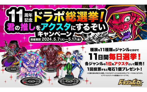 「ドラゴンポーカー」で「11周年記念ドラポ総選挙！君の推しをアクスタにするぞいキャンペーン」が開催！