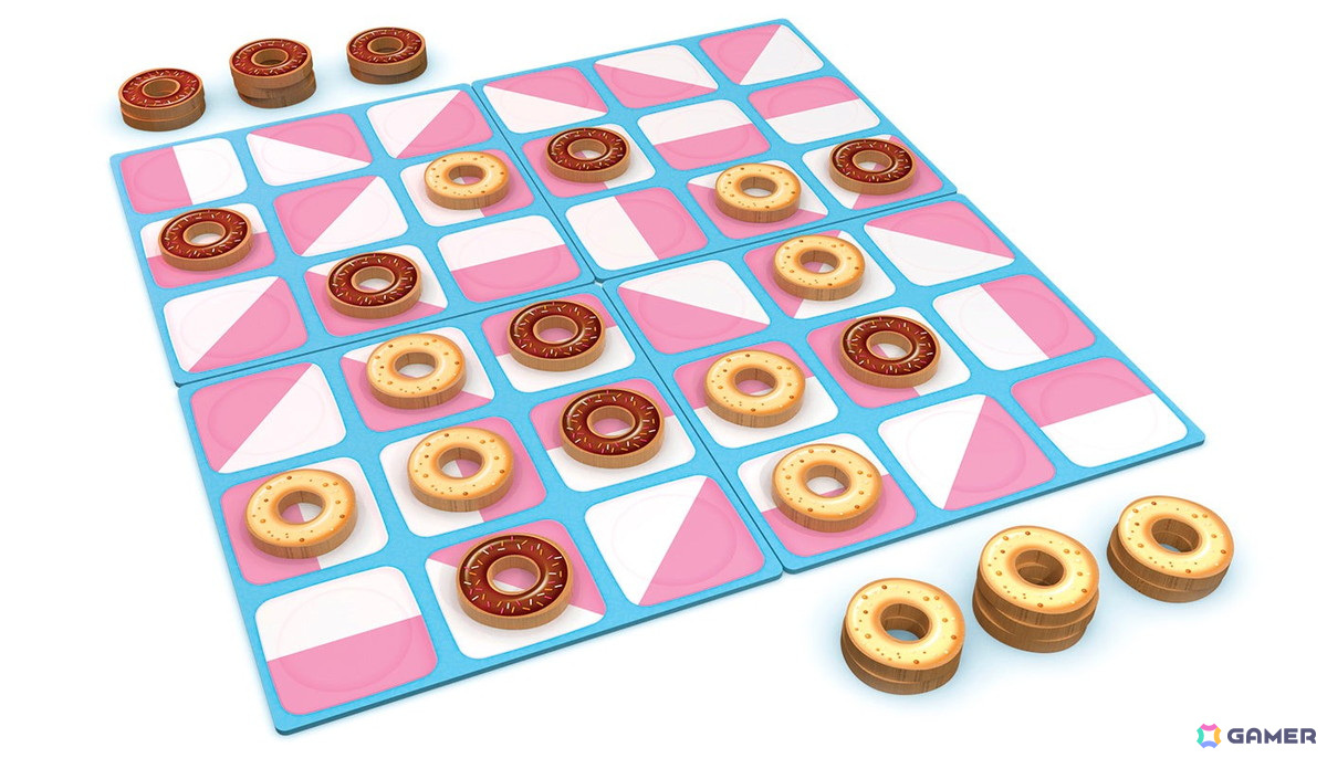 自分の色のドーナツを5つ並べる2人用戦略ボードゲーム「ドーナツならべ