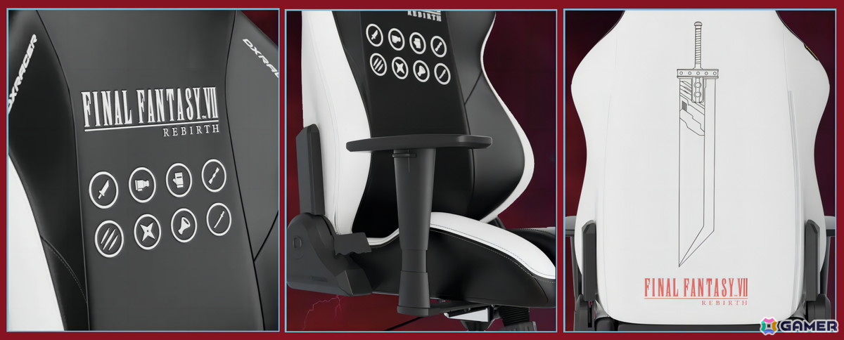 DXRacerより「FFVII リバース」との限定コラボゲーミングチェアが発売！パーティーメンバーのジョブアイコンがプリントの画像