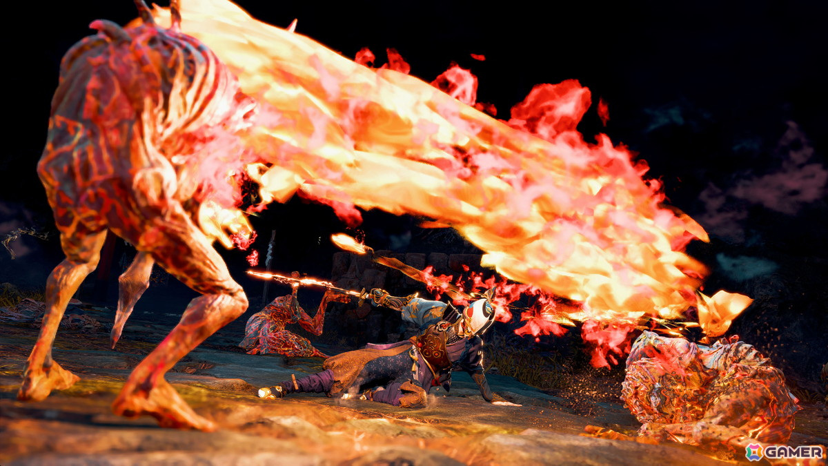 鍔「朱雀」の奥義。素早い斬撃で畏哭に大きなダメージを与える