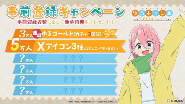 「ゆるキャン△ ～ぱずるキャンプ～」事前登録者数3万人突破によりガチャ3回分のアイテム配布が決定！5万人達成でXアイコンを配布の画像1
