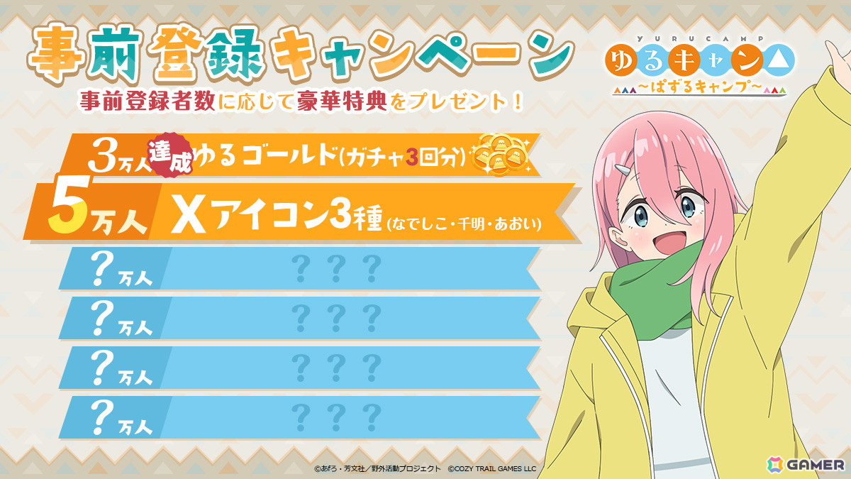 「ゆるキャン△ ～ぱずるキャンプ～」事前登録者数3万人突破によりガチャ3回分のアイテム配布が決定！5万人達成でXアイコンを配布の画像