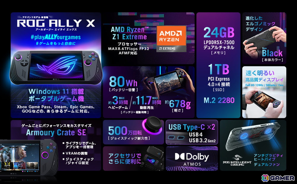 ポータブルゲーム機「ROG Ally X」の予約受付が開始!「ROG Ally」の2倍となる80Whのバッテリーを搭載し、パフォーマンス向上&長時間プレイも可能にの画像