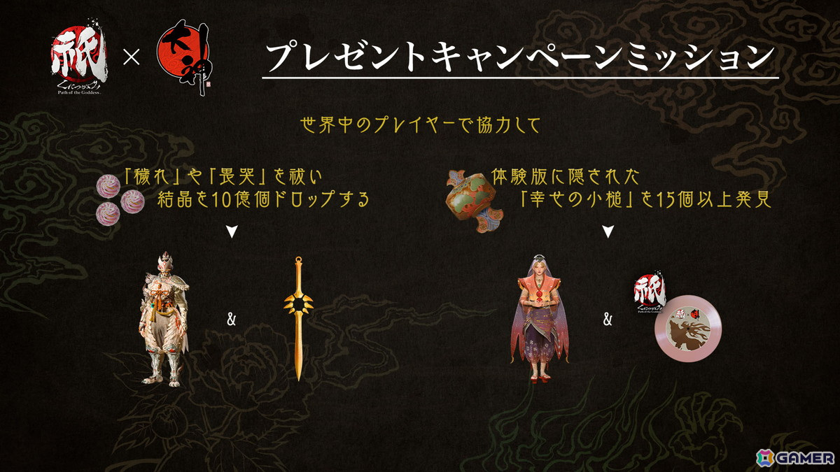 ミッションをクリアすることで大神コラボレーションアイテムをプレゼント。世界中のプレイヤーと協力して達成しよう！