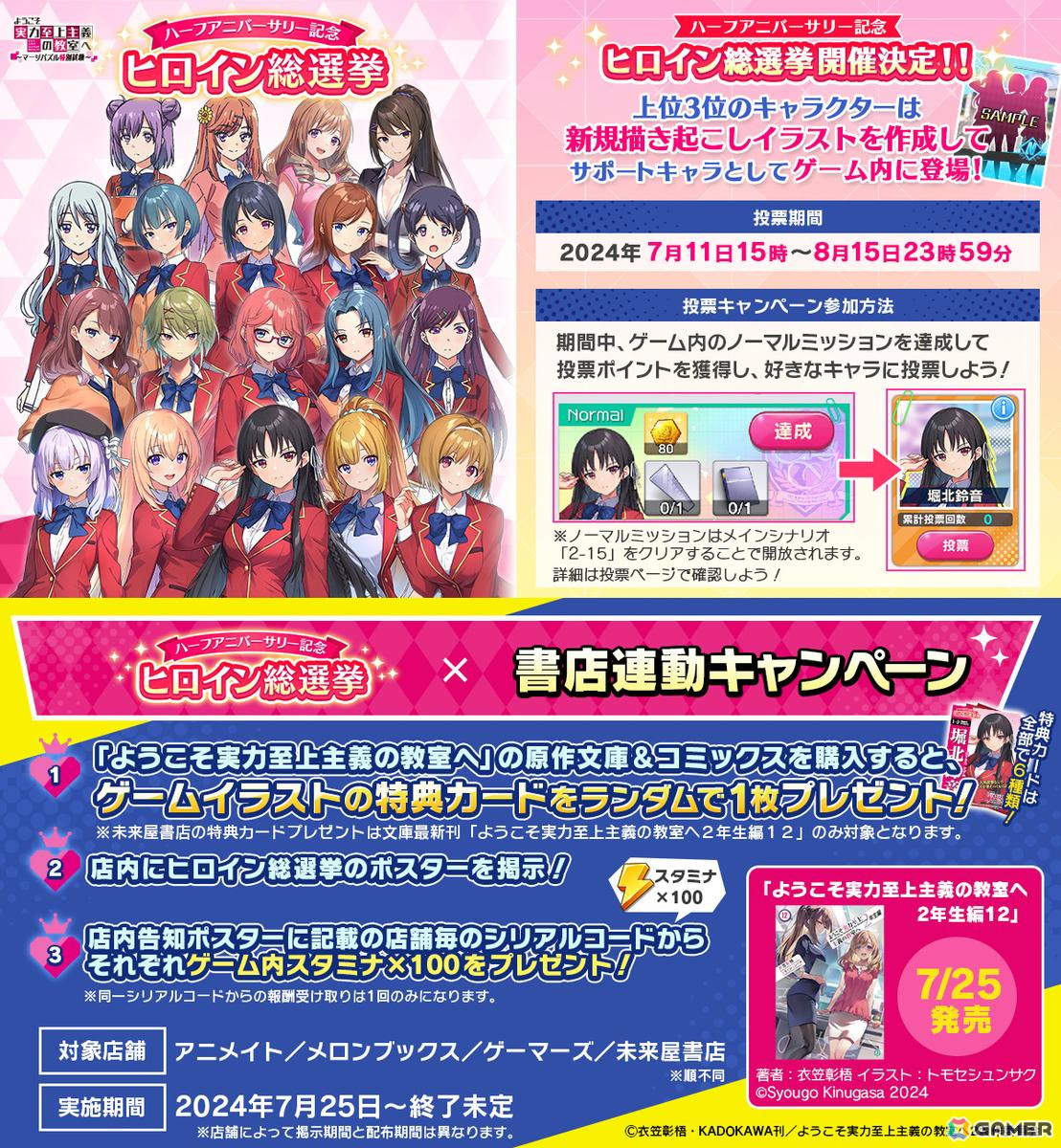 「ようこそ実力至上主義の教室へ~マージパズル特別試験~」のハーフアニバーサリー記念キャンペーンが開催!ヒロイン総選挙や全国書店連動キャンペーンを実施の画像