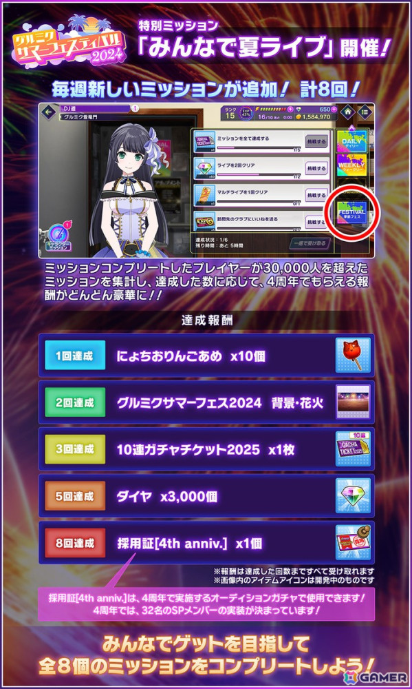 「グルミク」で「グルミクサマーフェスティバル2024」が開催！ログインやミッションクリアでサマーフェス2024描きおろしイラストのCPメンバーを獲得できるの画像10