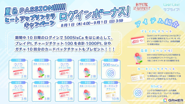 「Link！Like！ラブライブ！」ログインボーナスや無料10連ガチャなどの夏休み企画「夏色PASSION!!!!!!ヒートアップリンクラキャンペーン」がスタート！の画像2