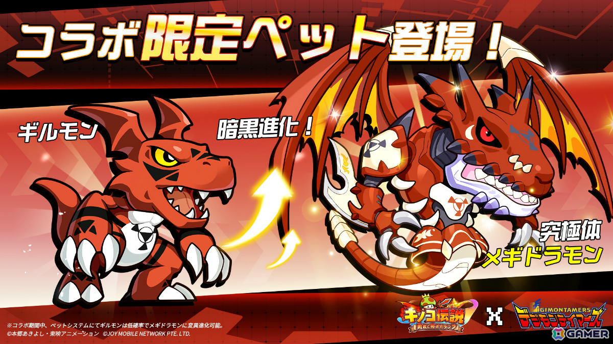「キノコ伝説」アニメ「デジモンテイマーズ」とのコラボが実施！限定ペットのギルモン、インプモンは進化も可能の画像