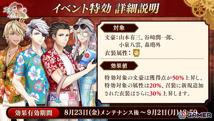 「文豪とアルケミスト」で防守任務「舞姫」が開催中！山本有三や谷崎潤一郎などのアロハ衣装も登場の画像