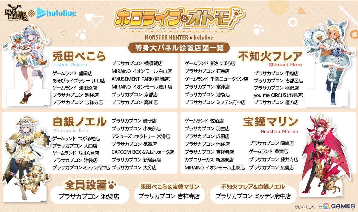 「モンスターハンター」と「ホロライブ3期生」がコラボ!オトモアイルーとおそろいのコラボ衣装を纏ったプライズ景品が登場!の画像