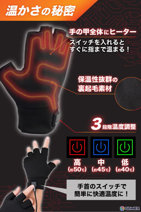ゲーマー向けヒーター手袋「ゲーミングてぽっか」が発売!ストレッチ素材と指なし形状で操作性を確保の画像