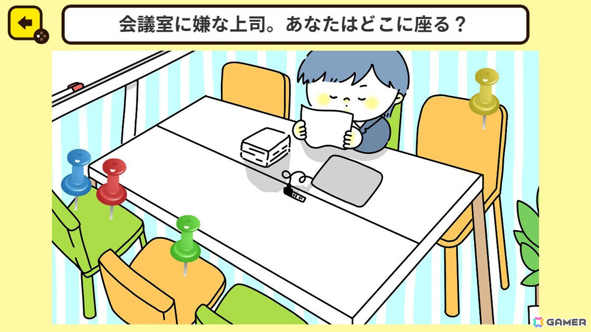 会議室に嫌な上司、あなたはどこに座る？最大4人で遊べる性格診断パーティーゲーム「ピン留め みんなで心理テスト」が11月7日に配信の画像5