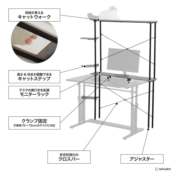 ゲーミングデスクを“キャットタワー”にできる「猫タワーラック LCR-1000-GY」が発売！クリア仕様で下から肉球＆おなかを鑑賞できるの画像16