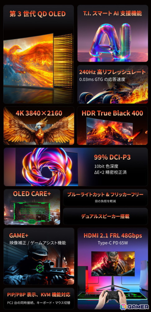 240Hzと4K UHDに対応する32型曲面ゲーミングモニター「Titan Army G32T9W」が12月7日に発売！パネルには量子ドット有機ELを採用の画像8