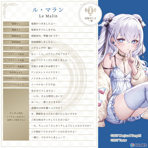 AVIOT×「アズールレーン」ル・マラン、インプラカブル、エーギル、キアサージ、尾張のボイスで楽しめるコラボワイヤレスイヤホンが登場！描きおろしグッズもの画像2