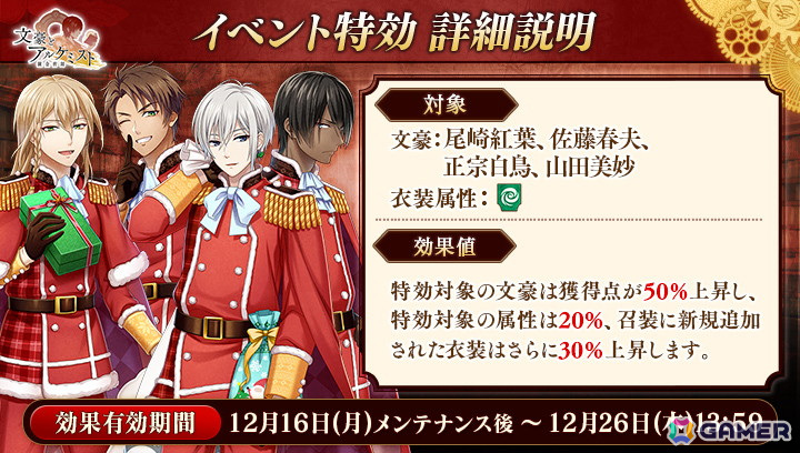 「文豪とアルケミスト」でイベント「調査任務『図書館のクリスマス』」が開催!山田美妙のサンタ衣装などを獲得できるの画像