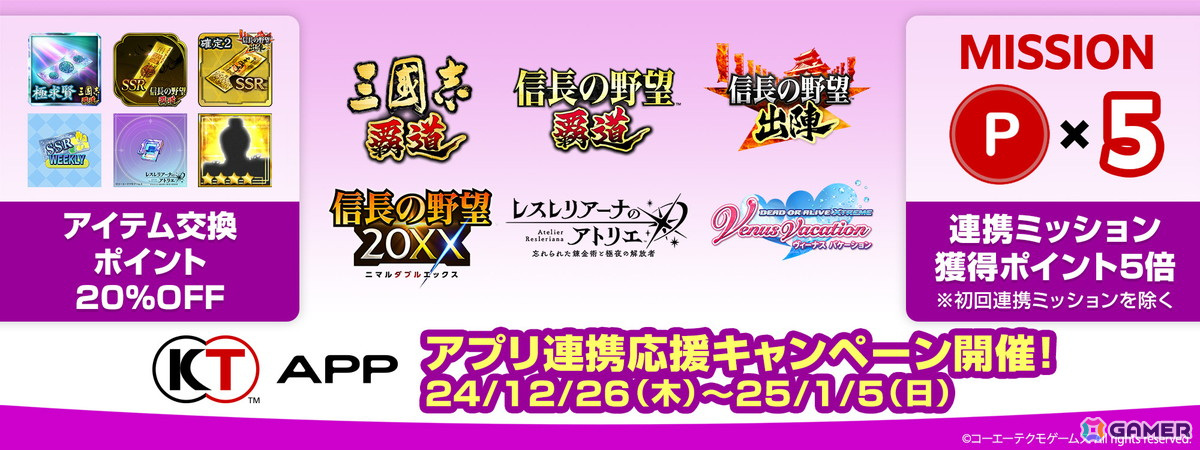 「コーエーテクモ アプリ」でアプリアイテム交換ポイントの20%オフやオリジナルグッズが当たるくじなどが実施される「KT App 2024-25 年末年始キャンペーン」が開催！の画像