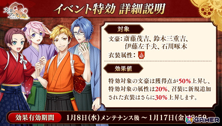 「文豪とアルケミスト」イベント「調査任務『新春歌合戦 前編』」が開催！和装の「鈴木三重吉」「斎藤茂吉」「伊藤左千夫」が限定召装に登場の画像2