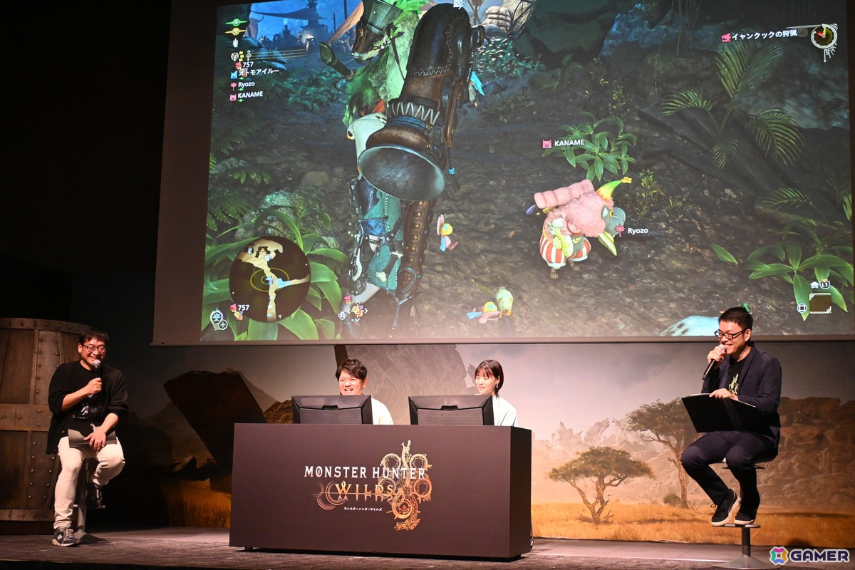 「モンスターハンターワイルズ」発売前夜イベントで辻本氏と西野さんがイャンクックに挑戦!ステージに実寸大の大タル爆弾が現れる場面もの画像