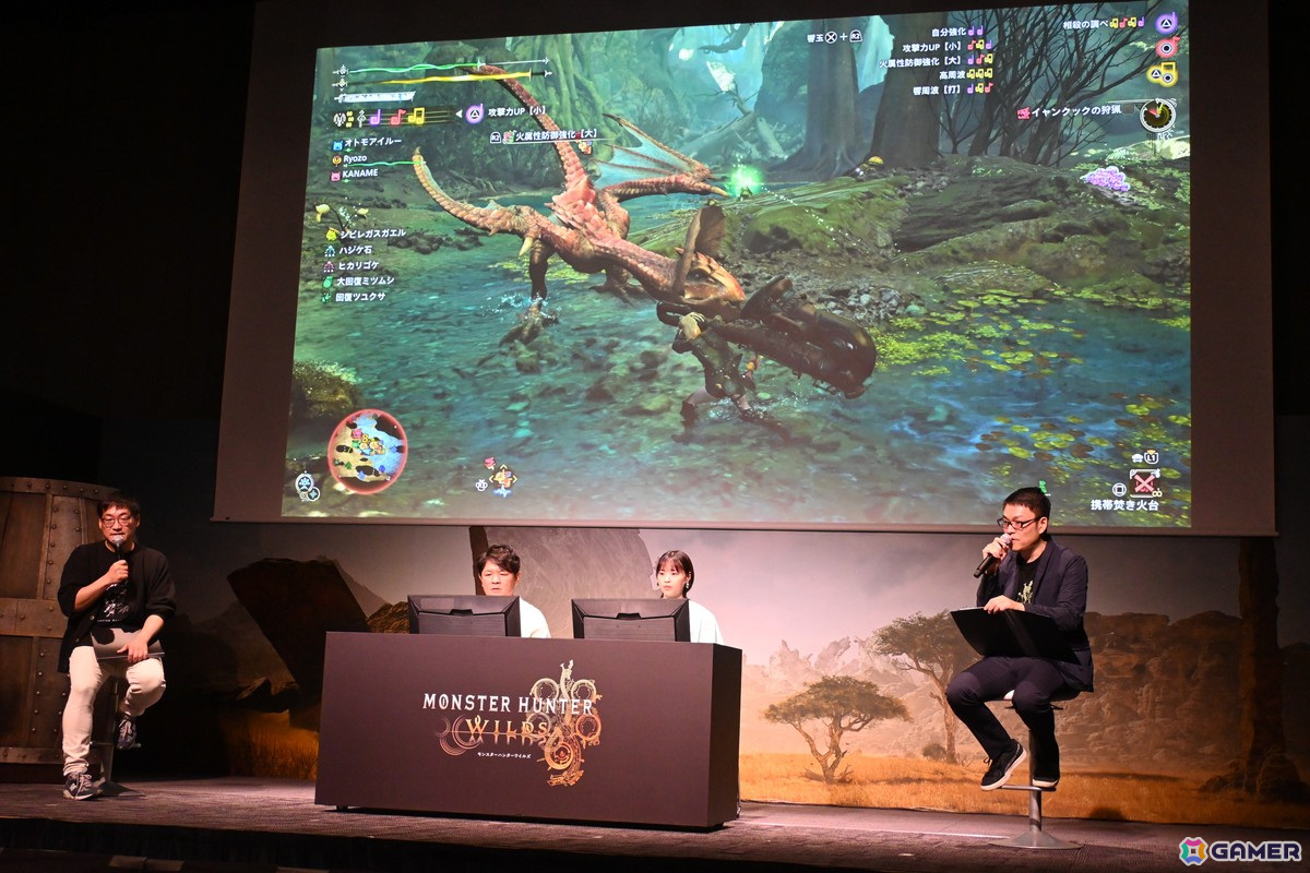 「モンスターハンターワイルズ」発売前夜イベントで辻本氏と西野さんがイャンクックに挑戦!ステージに実寸大の大タル爆弾が現れる場面もの画像