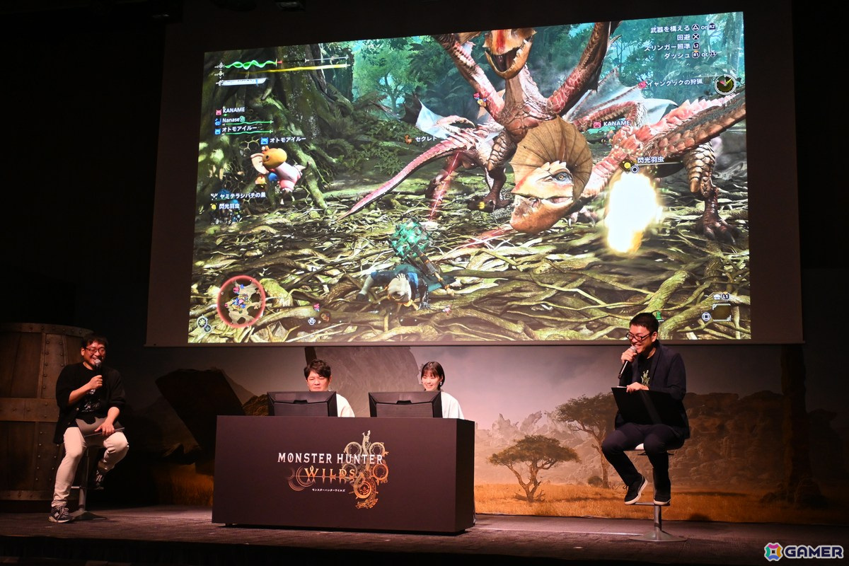 「モンスターハンターワイルズ」発売前夜イベントで辻本氏と西野さんがイャンクックに挑戦!ステージに実寸大の大タル爆弾が現れる場面もの画像