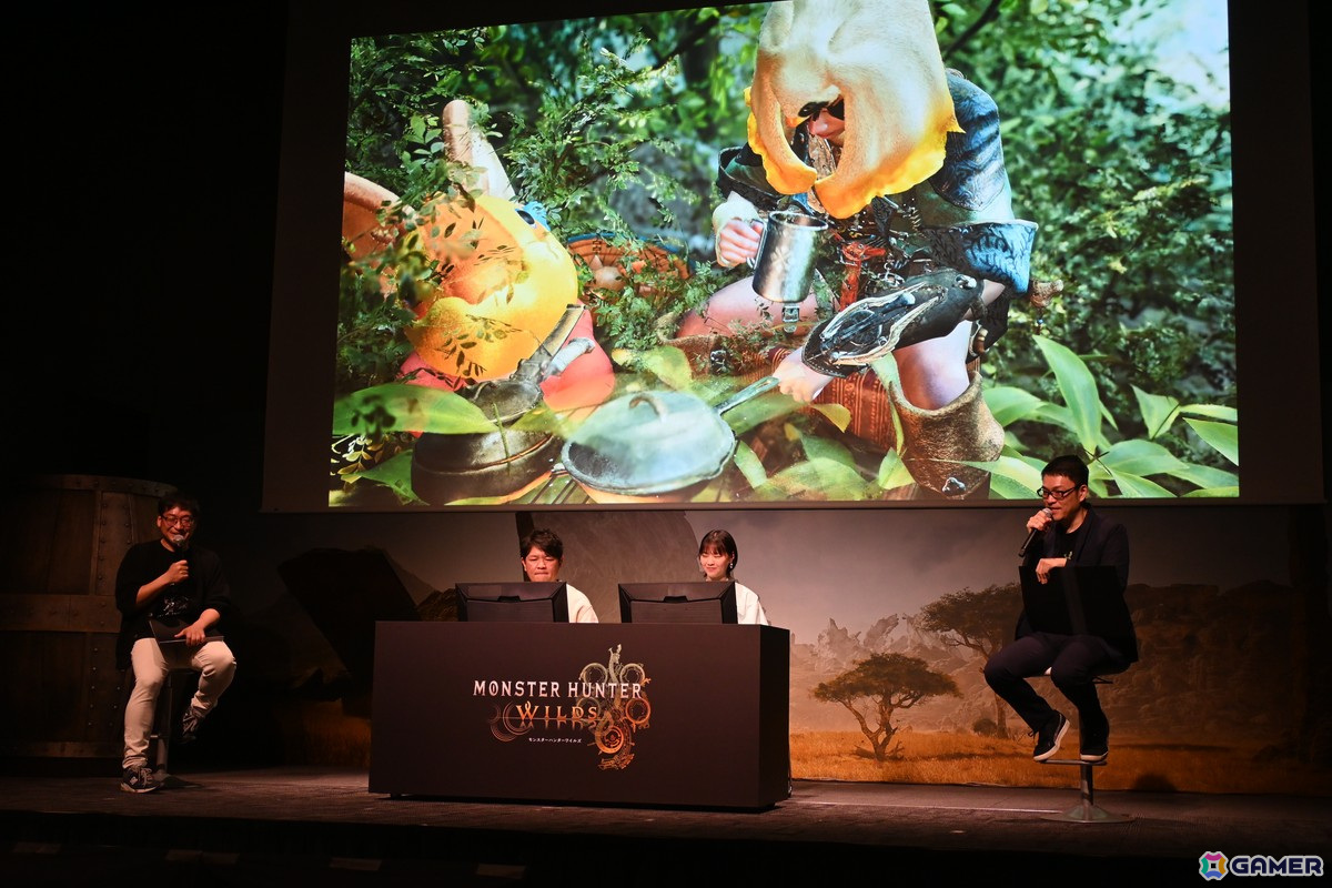 「モンスターハンターワイルズ」発売前夜イベントで辻本氏と西野さんがイャンクックに挑戦!ステージに実寸大の大タル爆弾が現れる場面もの画像