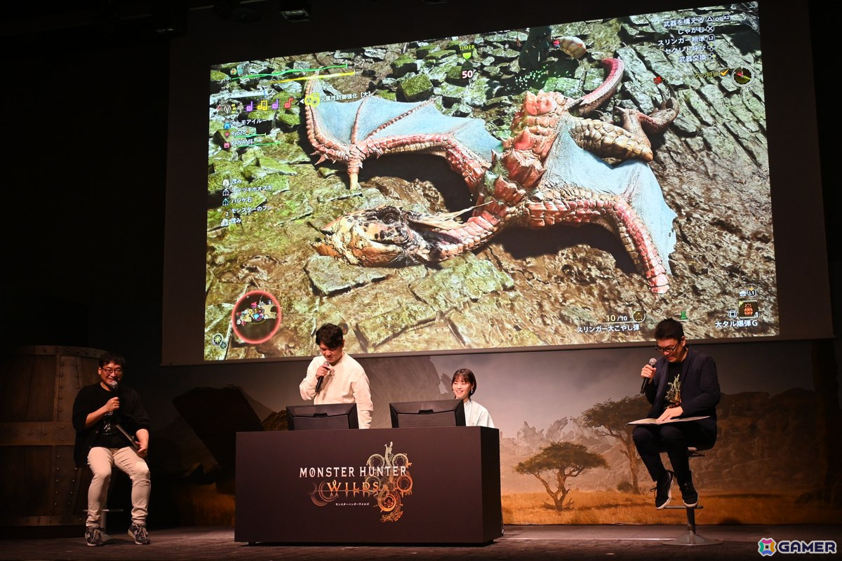 「モンスターハンターワイルズ」発売前夜イベントで辻本氏と西野さんがイャンクックに挑戦!ステージに実寸大の大タル爆弾が現れる場面もの画像