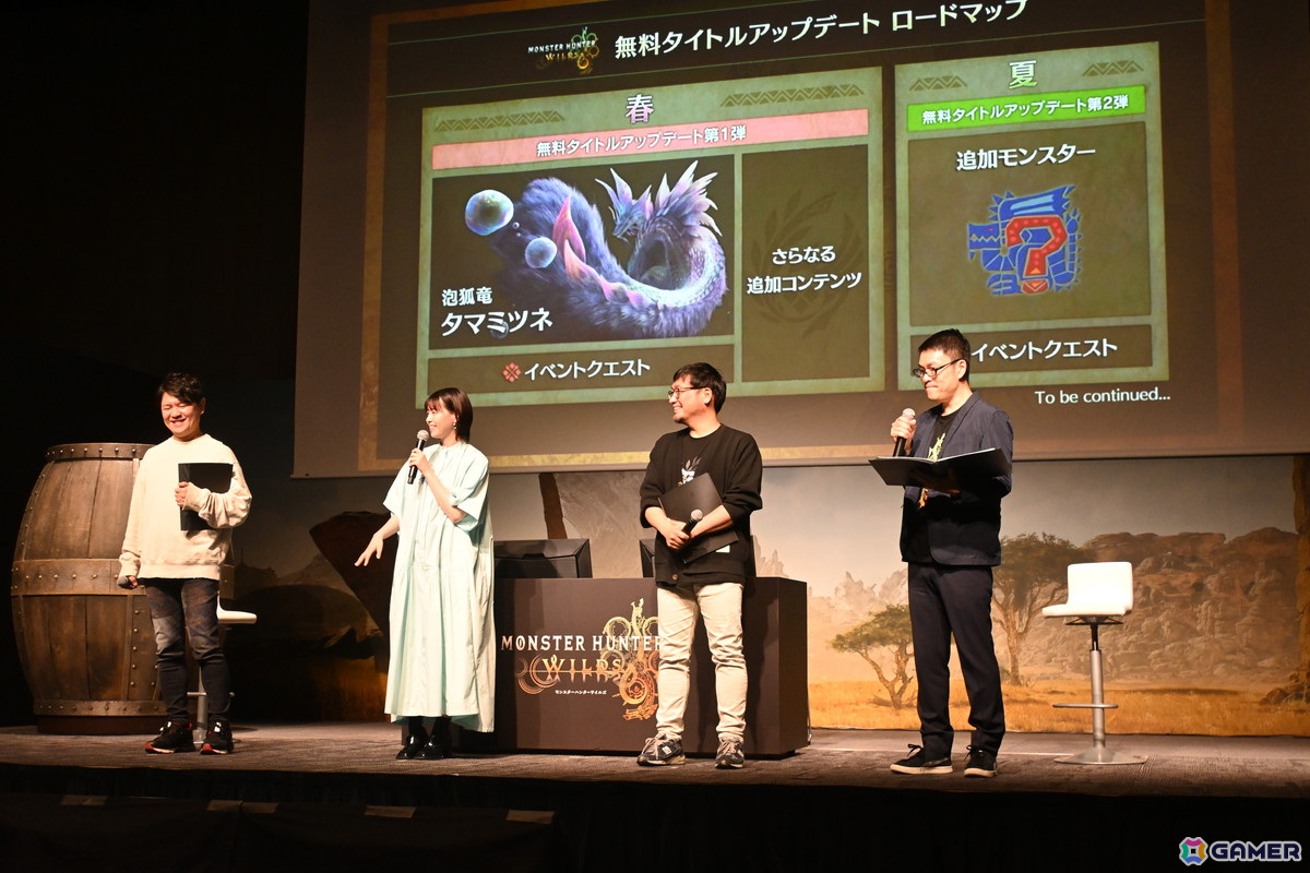 「モンスターハンターワイルズ」発売前夜イベントで辻本氏と西野さんがイャンクックに挑戦！ステージに実寸大の大タル爆弾が現れる場面もの画像
