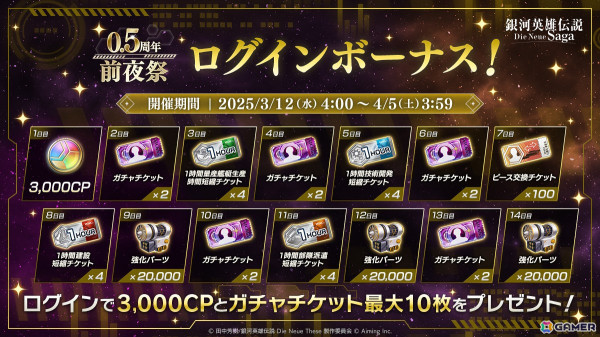 「ノイサガ」で0.5周年前夜祭が開催！ログインボーナスでは合計ガチャ20回分のCPやチケットが手に入るの画像1