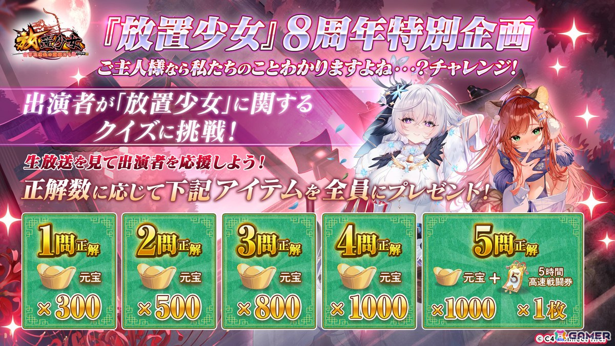 「放置少女」8周年記念SP生放送が3月16日に配信！石飛恵里花さん、えなこさん、徳井青空さんらが出演の画像