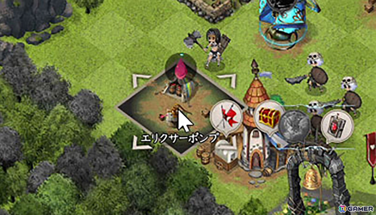 エリクサーと呼ばれる資源を集めるための施設「エリクサーポンプ」。この施設のみ、兵士と同じように合体でレベルアップしていくことができる。
