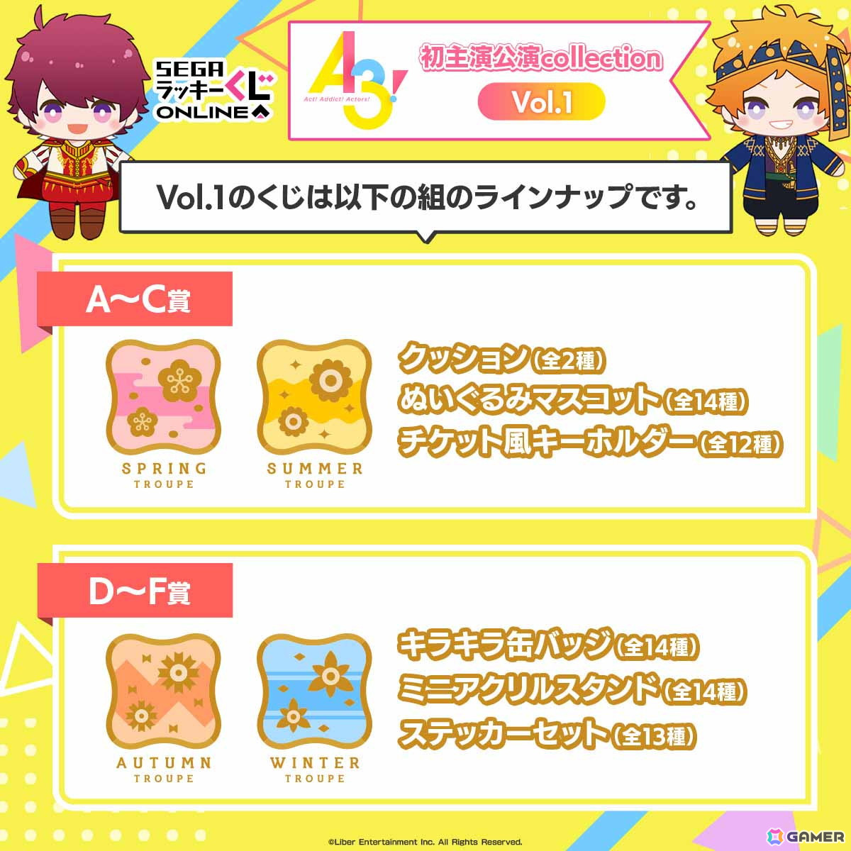 「A3!」MANKAIカンパニー勢ぞろいのセガ限定オンラインくじが発売!初主演公演衣装の劇団員たちのアイテムが当たるの画像