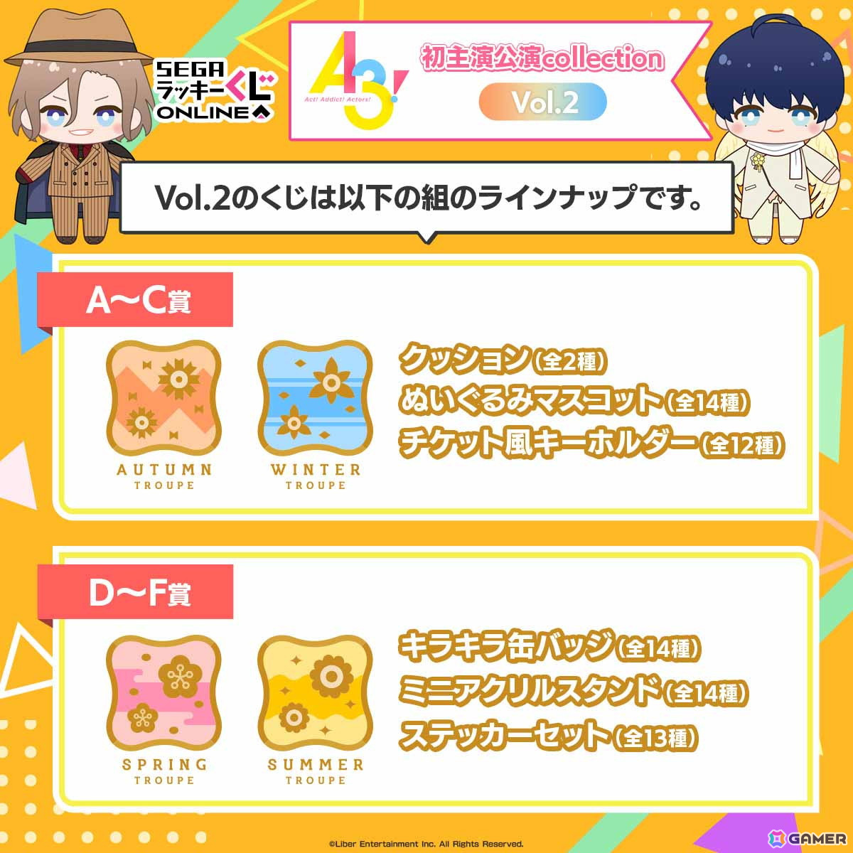 「A3!」MANKAIカンパニー勢ぞろいのセガ限定オンラインくじが発売!初主演公演衣装の劇団員たちのアイテムが当たるの画像