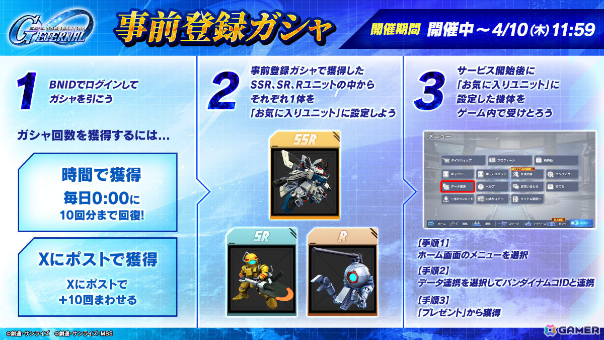 「SDガンダム ジージェネレーション エターナル」150種以上の中からSSR、SR、Rのユニットを1体ずつ獲得できる事前登録ガシャが開催!の画像