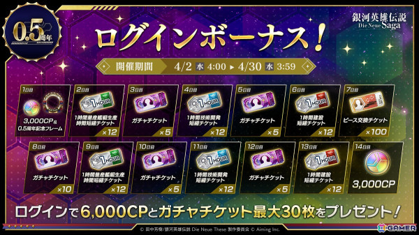 「銀河英雄伝説 Die Neue Saga」で「0.5周年記念5大キャンペーン」が開催！ガチャが最大200回無料にの画像3