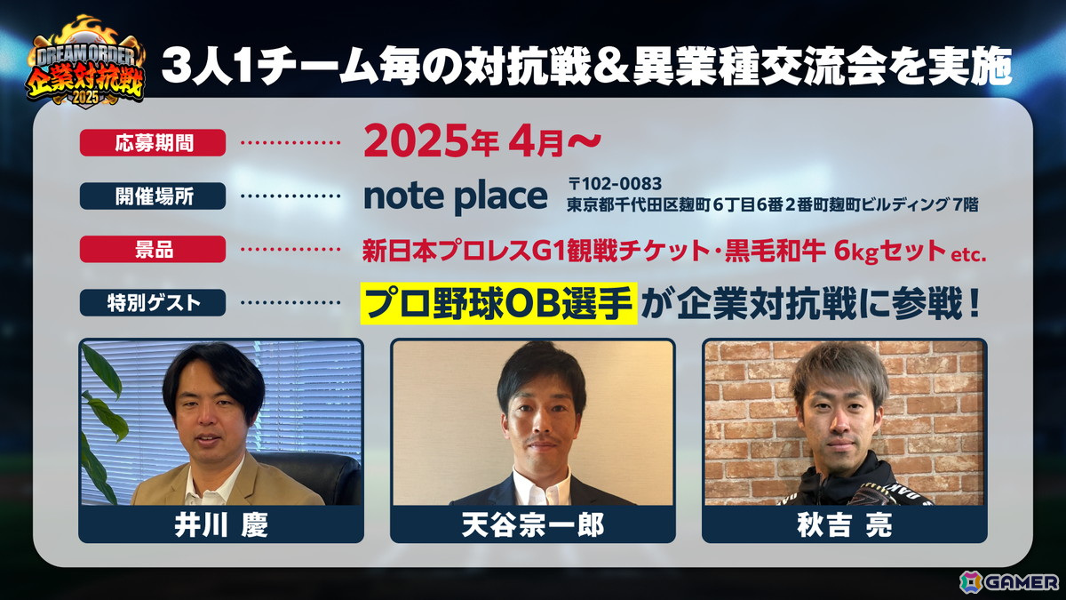企業チームのみが参加できる大会「ドリームオーダー企業対抗戦2025」が6月28日に開催!プロ野球OB選手の井川慶さん、天谷宗一郎さん、秋吉亮さんも登場の画像