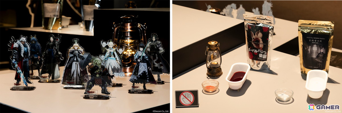 左:「Wizardry Variants Daphne」リアル店舗限定「伝説の冒険者アクリルスタンド(全8種)」<br />右:「Wizardry Variants Daphne」「Bath Powder:ボーパルバニーの奇襲」「Bath Powder:冒険者の灰」