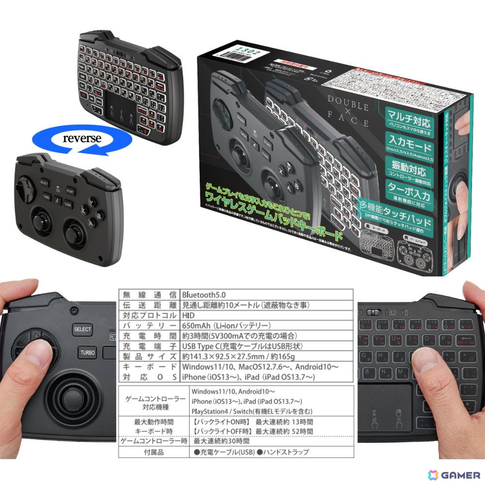 ワイヤレスゲームコントローラーとミニキーボードを表と裏に搭載した2in1ゲーミングデバイス「ダブルフェイス/DOUBLE×FACE」が5月1日に発売!の画像
