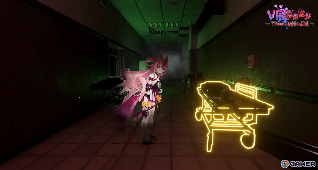 ゲーム内の実画面(出演VTuber「花代乃メノラ」様)。手がかりとなるアイテムを選択し、パートナーとなるVTuberからもヒントを得ていく。