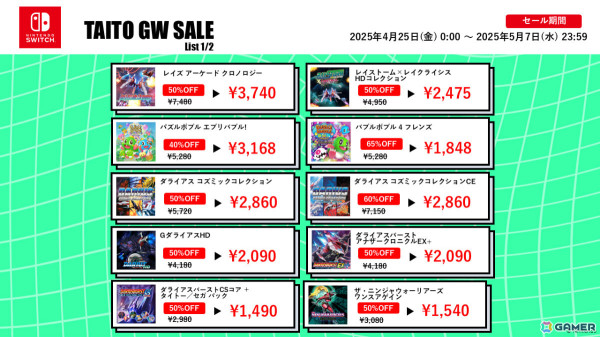 「タイトーマイルストーン3」「スペースインベーダーエクストリーム」などの作品が最大75％オフとなるタイトーGWセール2025が開催！の画像2