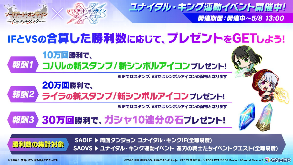 「SAO ヴァリアント・ショウダウン」最大300連の無料ガシャが開催!短編小説「ユナイタル・キング」連動イベントや「SAOIF」との連動キャンペーンもの画像