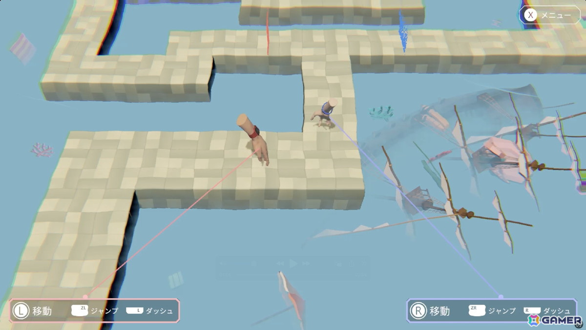 イライラ系ランアクションゲーム「視覚と手の対称性についての仮説」のSwitch版が配信！左右の手で別々のキャラを操作するもどかしさに脳がバグるの画像4
