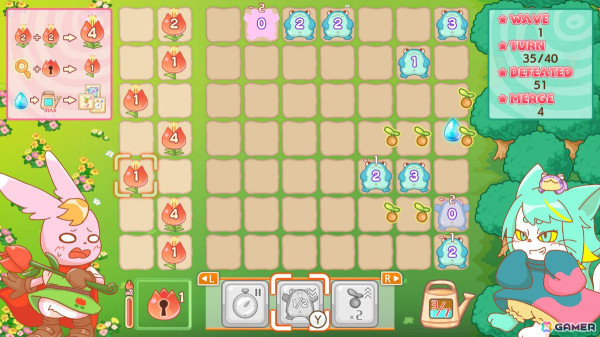 花畑に迫ってくるカエルを魔法の花で攻撃して倒すタワーディフェンスゲーム「合体防御花の守人と森の魔女」がSwitchで配信！の画像