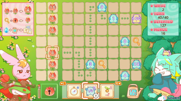 花畑に迫ってくるカエルを魔法の花で攻撃して倒すタワーディフェンスゲーム「合体防御花の守人と森の魔女」がSwitchで配信！の画像