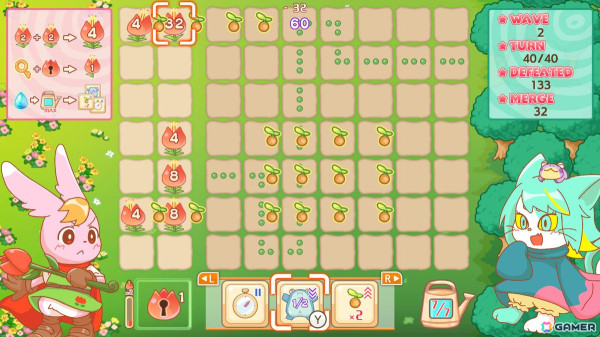花畑に迫ってくるカエルを魔法の花で攻撃して倒すタワーディフェンスゲーム「合体防御花の守人と森の魔女」がSwitchで配信！の画像