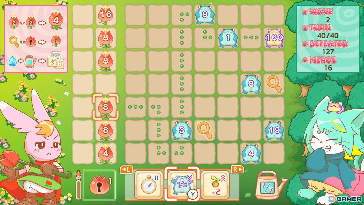 花畑に迫ってくるカエルを魔法の花で攻撃して倒すタワーディフェンスゲーム「合体防御花の守人と森の魔女」がSwitchで配信！の画像4