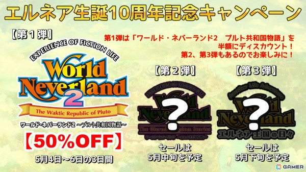 「ワールドネバーランド エルネア王国の日々」生誕10周年記念セールが開催！5月4日からの第1弾では「ワールド・ネバーランド2～プルト共和国物語～」が50％OFFにの画像1