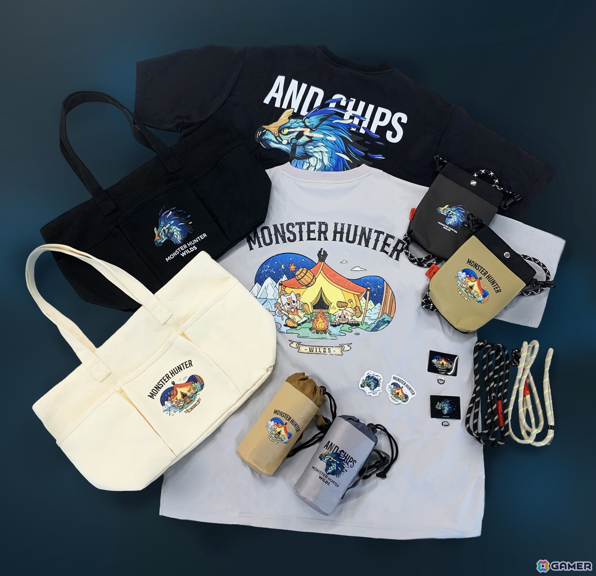 カプコンの「AND CHIPS」より「モンスターハンターワイルズ」デザインのTシャツやトートバッグが登場!デザインはNIKO24氏とROKU氏が担当の画像