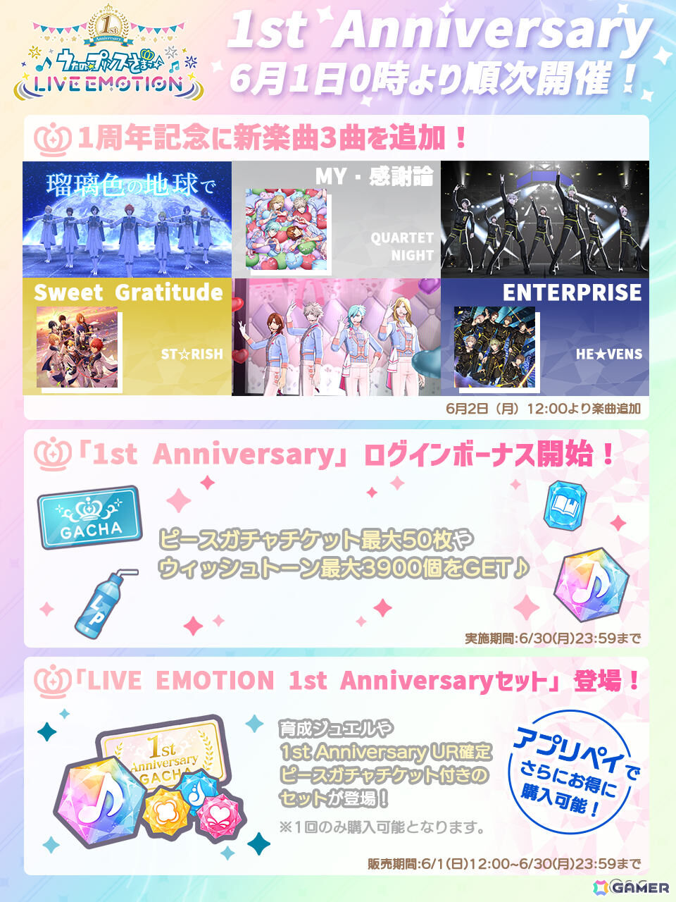 「うたの☆プリンスさまっ♪ LIVE EMOTION」1周年キャンペーンが6月1日より開催!ST☆RISH、QUARTET NIGHT、HE★VENSによる1周年記念楽曲の新たなライブMVが追加の画像